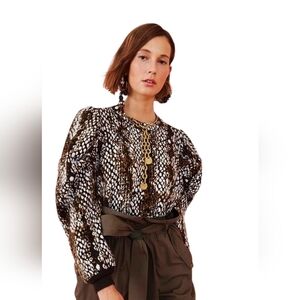 Ulla Johnson Gemma Brown 100%Wool Blanc Python Print Puff Sleeve Sweater Size M